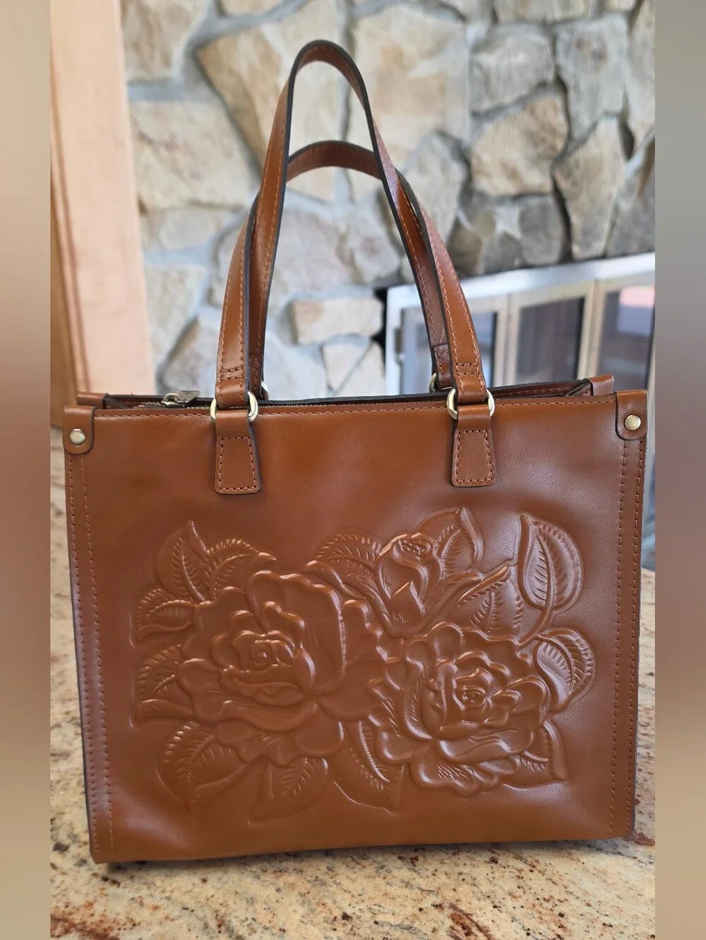 Patricia Nash  Med Ava Tote Bag in Tan Vegetable Tanned Rose Tooled Leather NWT